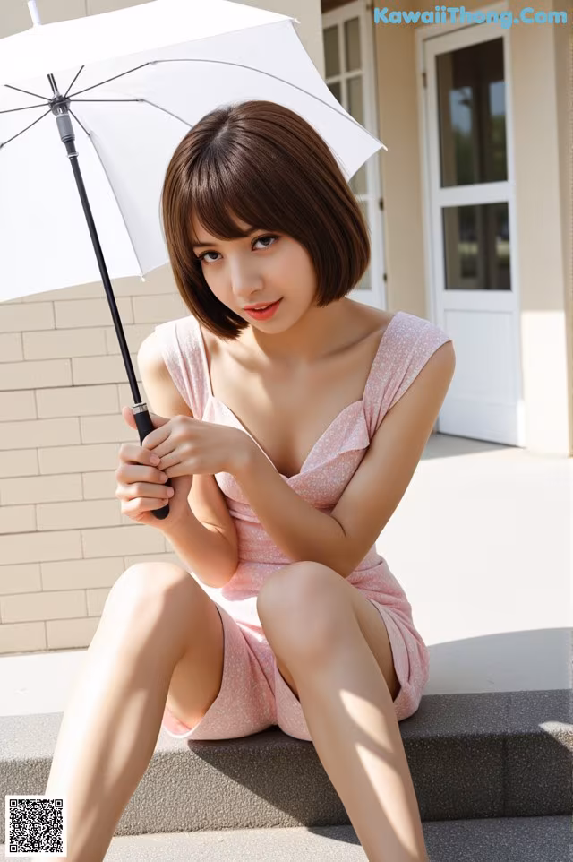 A woman in a pink dress holding an umbrella.